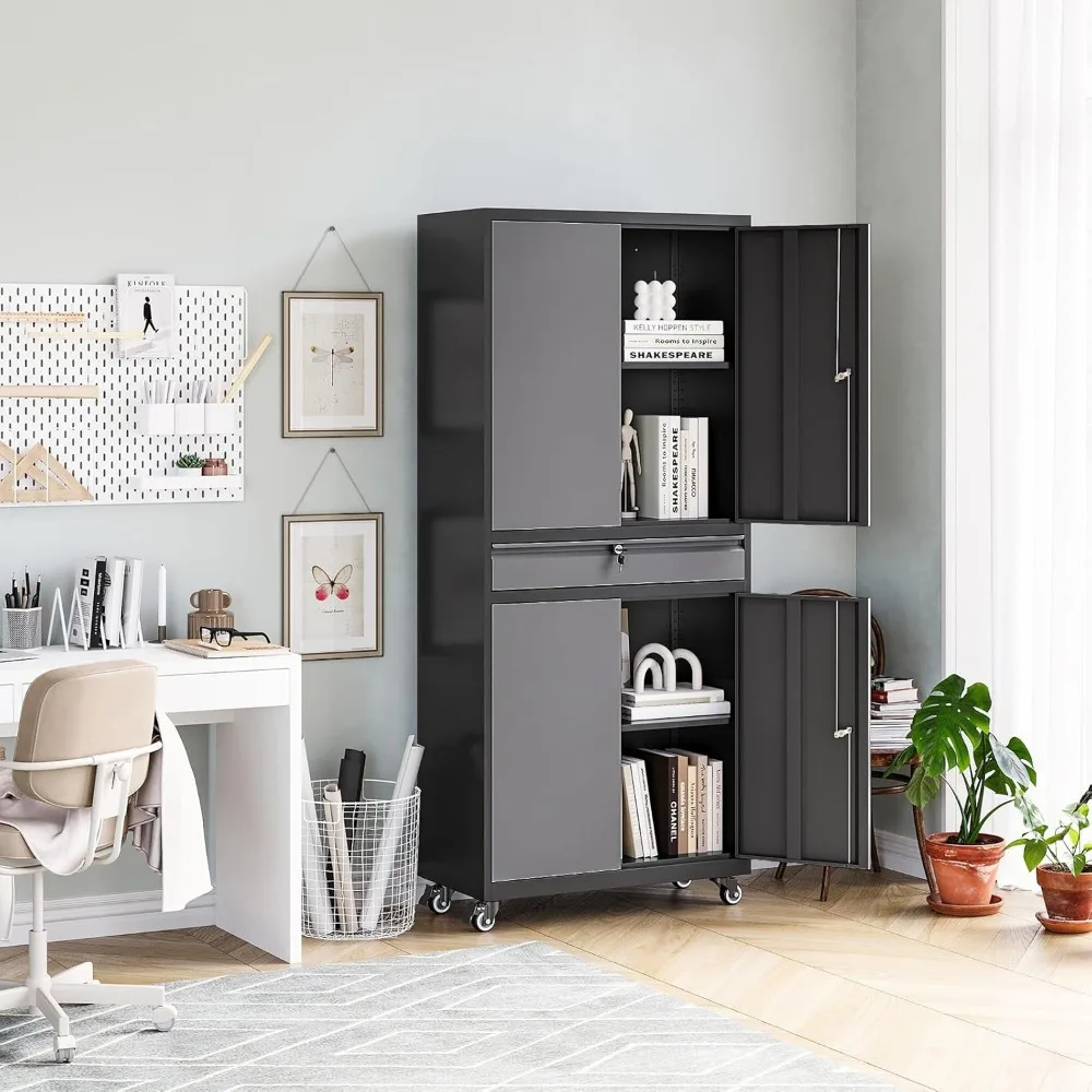 Gabinete de almacenamiento con ruedas de metal con cajones y puertas, unidad de almacenamiento de garaje alta para organización en sótanos y talleres