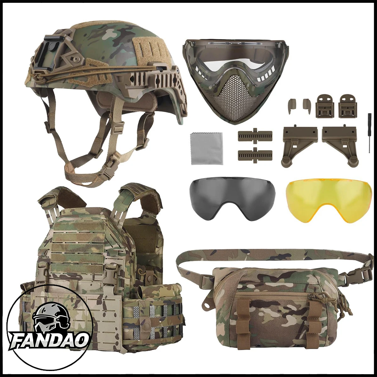 

Комплект из 4 тактических аксессуаров: шлем, жилет, маска на все лицо, подсумок, очки для страйкбола, активного отдыха, военной подготовки и игр на выживание