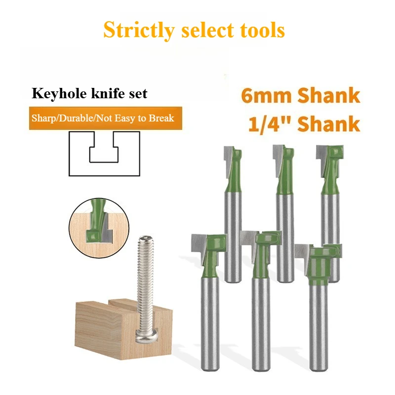 6Pcs /1PCS Green Double Edged Tungsten Steel Keyhole Router Bit Set T Slot Cutter For Photo Frame Hanging Hole Woodworking Tools