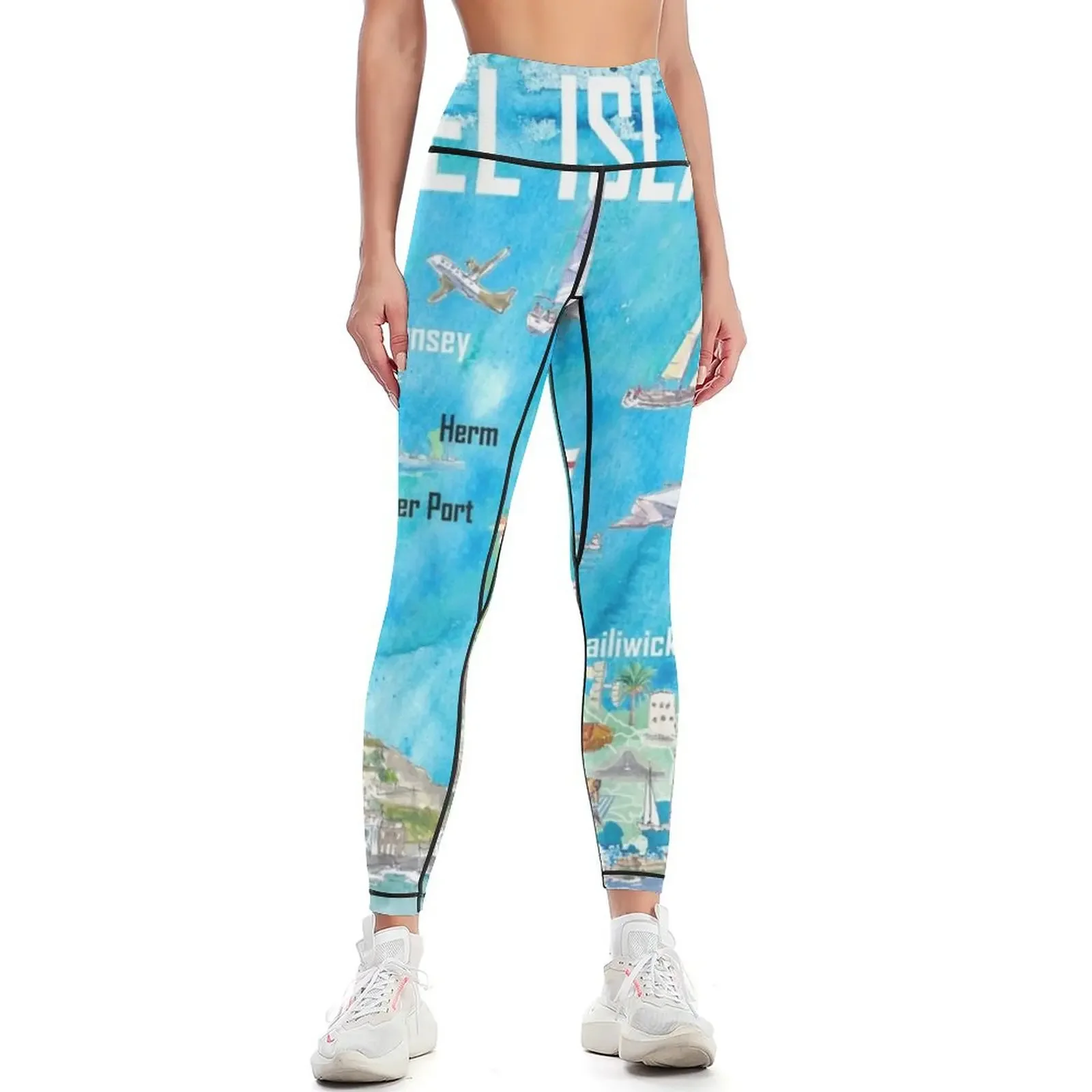 

Channel Islands Guernsey Jersey Alderney Illustrated Travel Map with Roads and Highlights Leggings sport legging Womens Leggings
