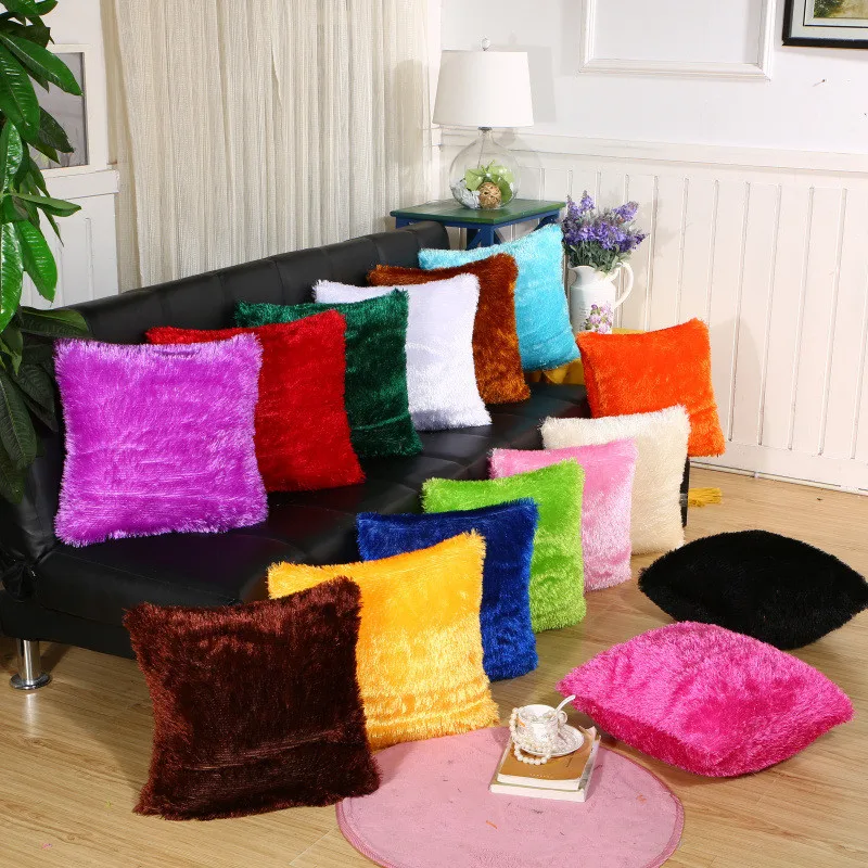

43x43cm Soft Long Plush Solid Color Sofa Winter Decoration Pillowcase Home Living Room Cushion Cover