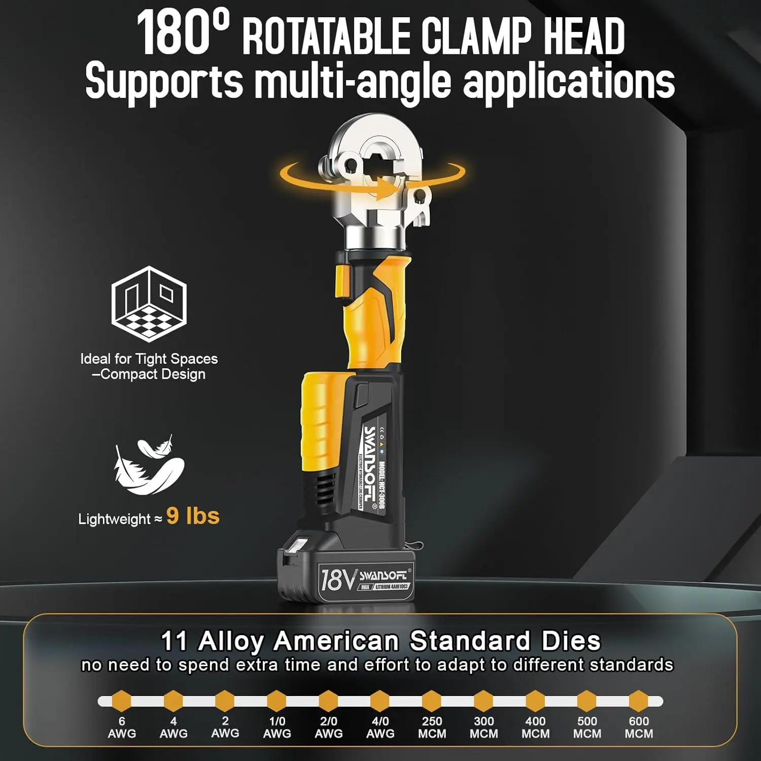 SWANSOFT Electric Hydraulic Crimping Tool, 6Ton 6AWG-600MCM Continuously Crimp Hydraulic Wire Crimper for Cu/Al Terminal, Crimp 30000 Times Wire Cable Lug Crimping Tool Kit with 11 Dies (300B-Yellow)