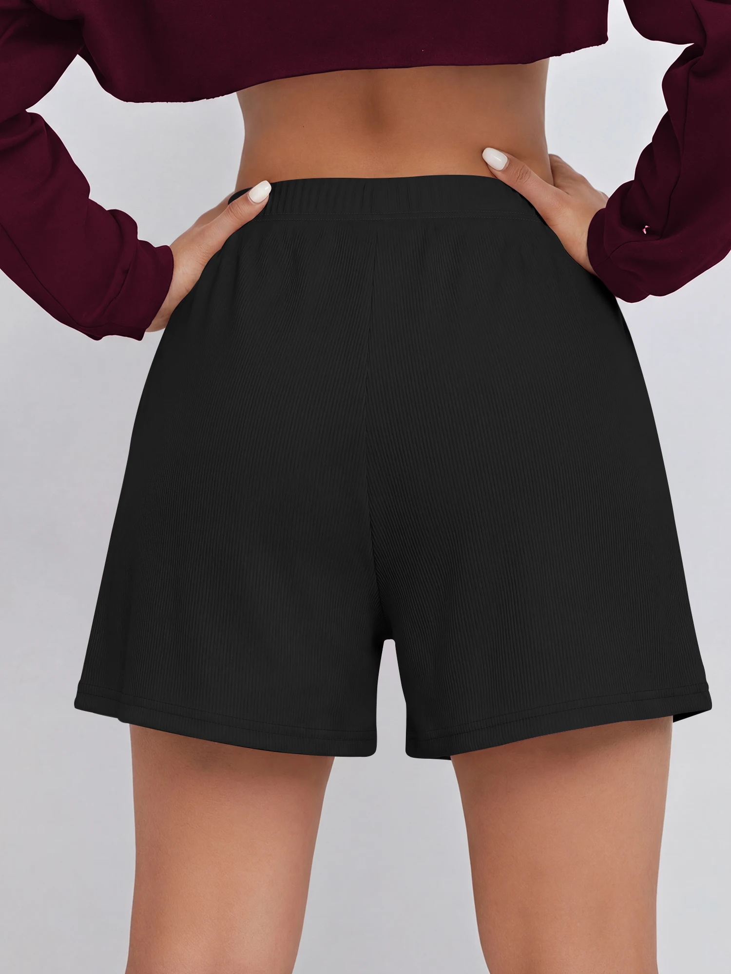 Trainer Style Lightweight Ribbed Sport Shorts, Stretch Elastic Waist Short Trousers for Outdoor Exercise