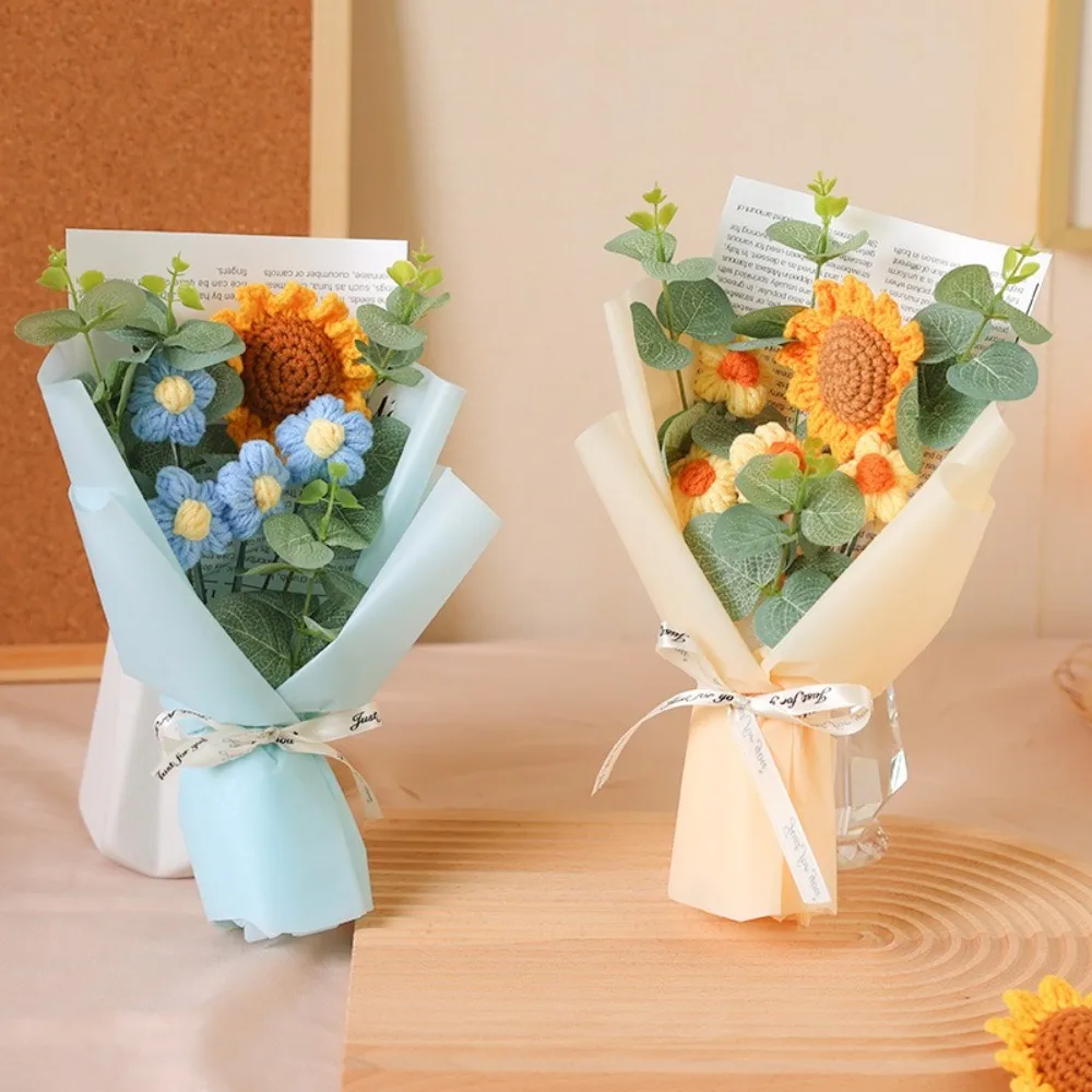 Ramo de flores artificiales de ganchillo, ramo de graduación de flores eternas hecho a mano, regalo de cumpleaños para el día de la madre