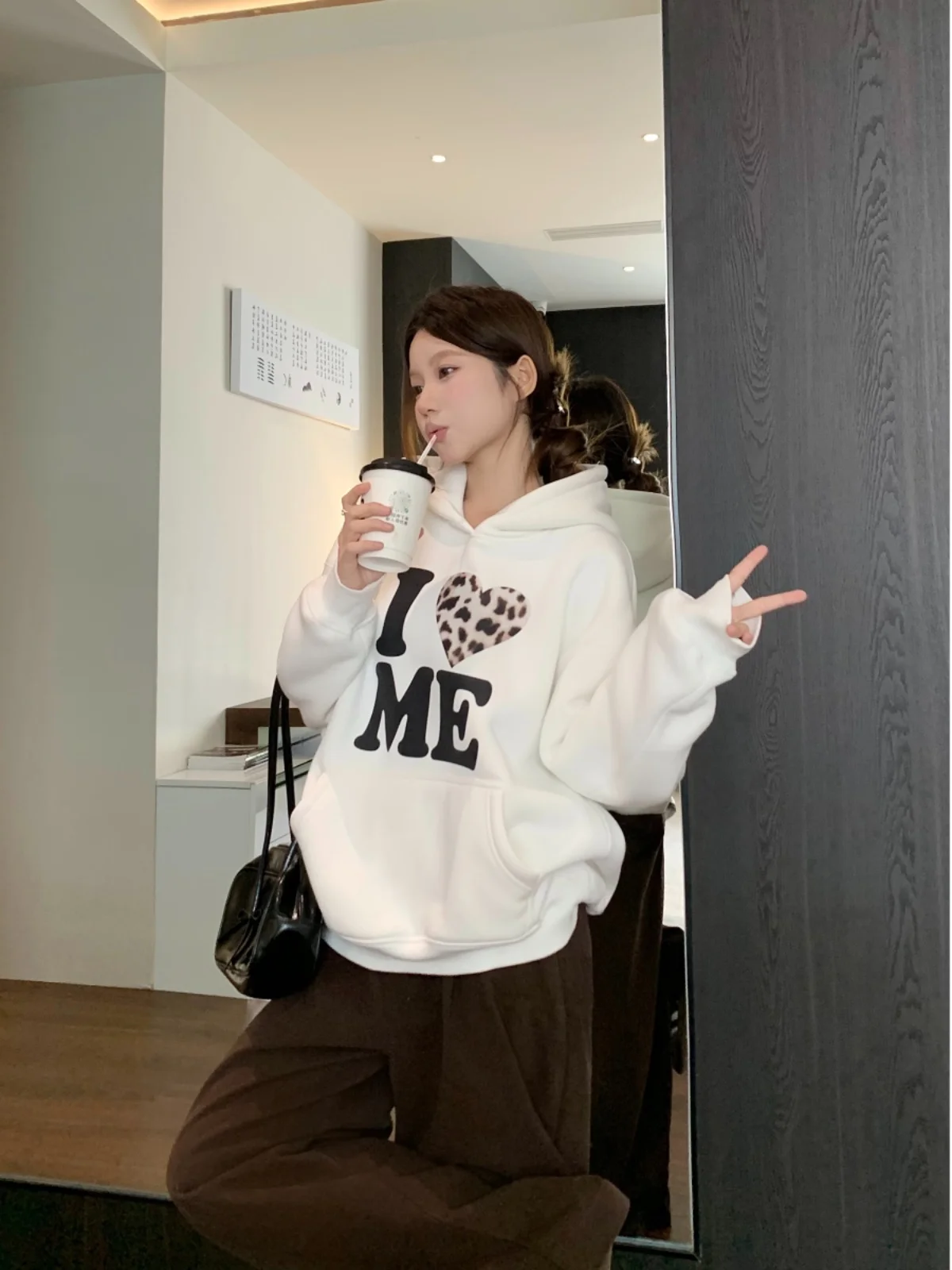 

Women's Thickened Fleece Hoodie Street Style Letter Print Leopard Pattern Love Heart Casual Loose Fit Winter Sweatshirt
