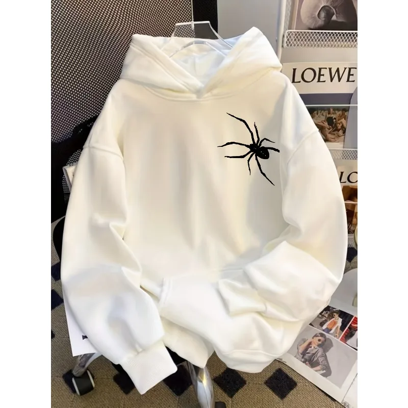 Double sided printed women's fashionable hooded sweatshirt, retro hooded sweatshirt with black and red spider web pattern