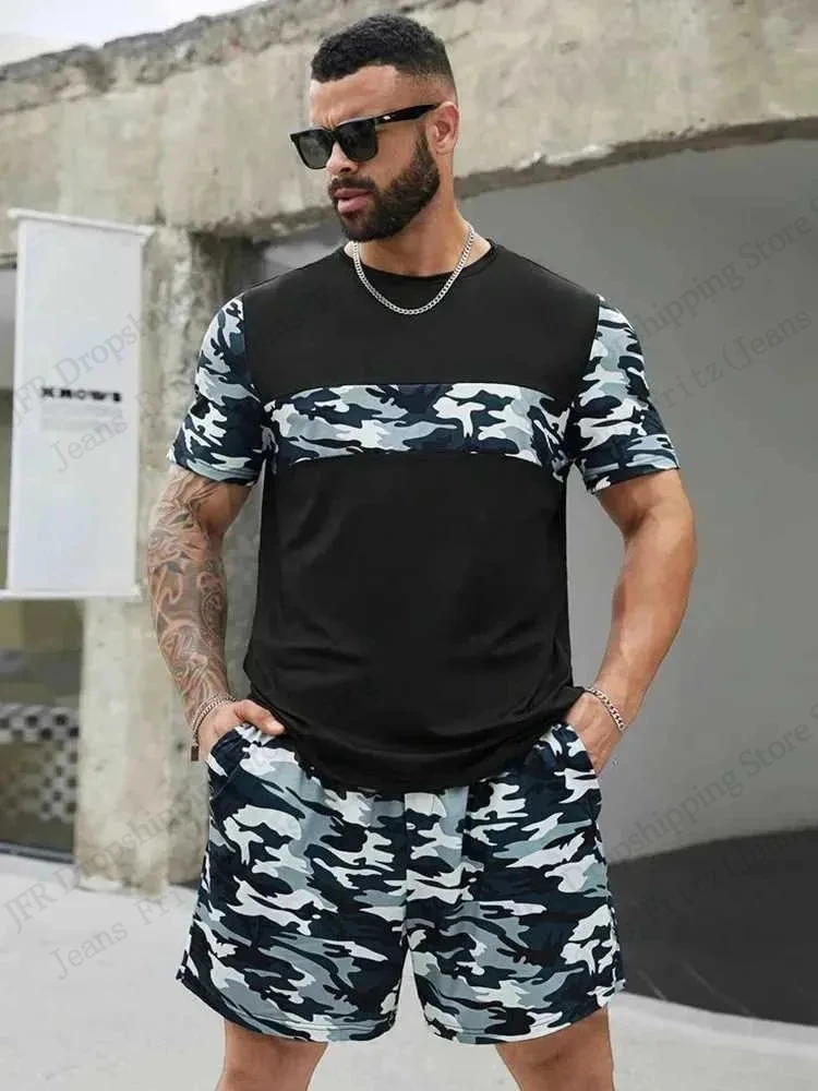 Men's T-shirt Sets Tactic Camouflage 3d Print T-shirt+Shorts 2Pcs Set Outdoor Camo Tracksuit Suit Men Clothing Fitness Sportwear