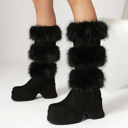 Luxury Fashion Cute Ladies Snow Fur Boots Round Toe Wedge Thick Platform Women's Boots Winter Charming Life Work Women's Shoes