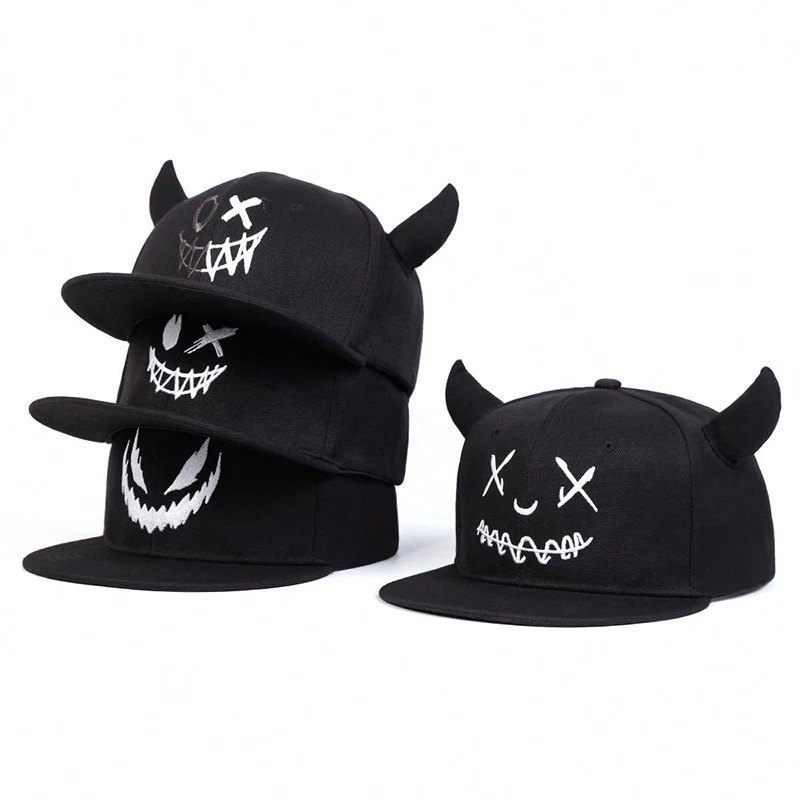 1piece Unisex Cartoon Horns Embroidery Hip Hop Hat Outdoor Adjustable Sunscreen Leisure Hat Spring Autumn Travel Tourism Beach