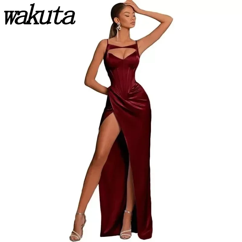 

Wakuta Long V Neck Mermaid Prom Dress Evening Gown Spaghetti Straps Cocktail Dresses with High Slit Vestidos Longo Mãe Noivo