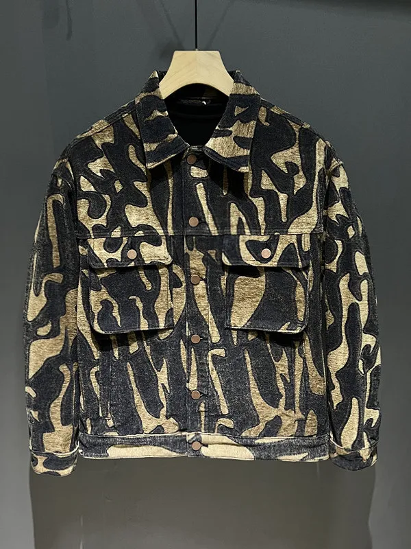 

Высококачественная американская свободная повседневная джинсовая куртка с леопардовым принтом, мужская рабочая одежда Haome INS, осенняя хлопковая одежда...