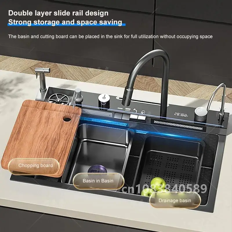 New Stainless Steel Kitchen Sink Embossed Large Single Slot With Waterfall Faucet Multifunctional Washbasin Above Counter