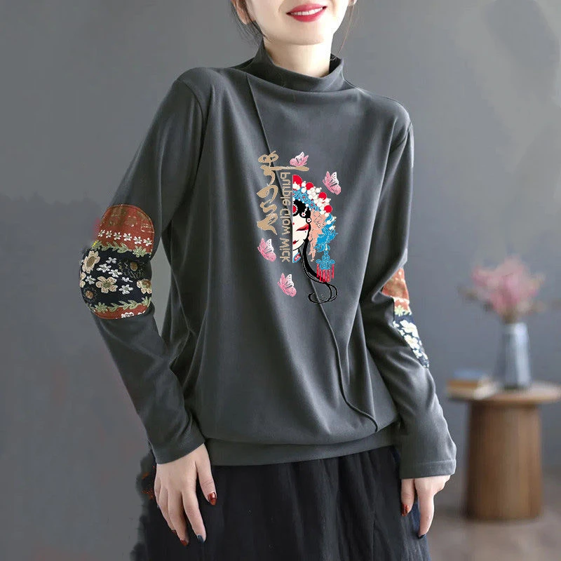 Spring Autumn Winter Long Sleeve Print Patchwork Loose Bottoming Shirt Casual All-match Tops Tees Vintage Fashion Women Clothing