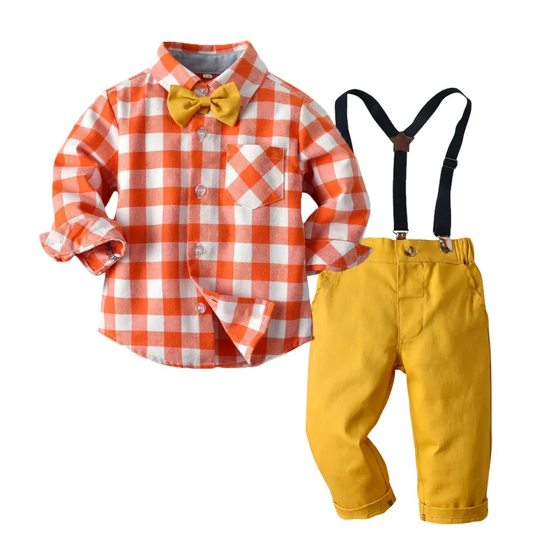 

Orange White Plaid Boy Formal Clothes Baby Wedding Dress Long-sleeves Children Costume Boys Autumn Suit Infant Kid Clothing Set