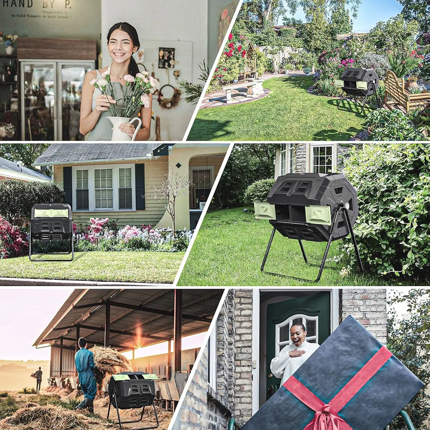 صندوق بهلوان كبير للسماد الخارجي مع ميزان حرارة، إطار فولاذي دوار، باب أخضر سعة 43 جالونًا