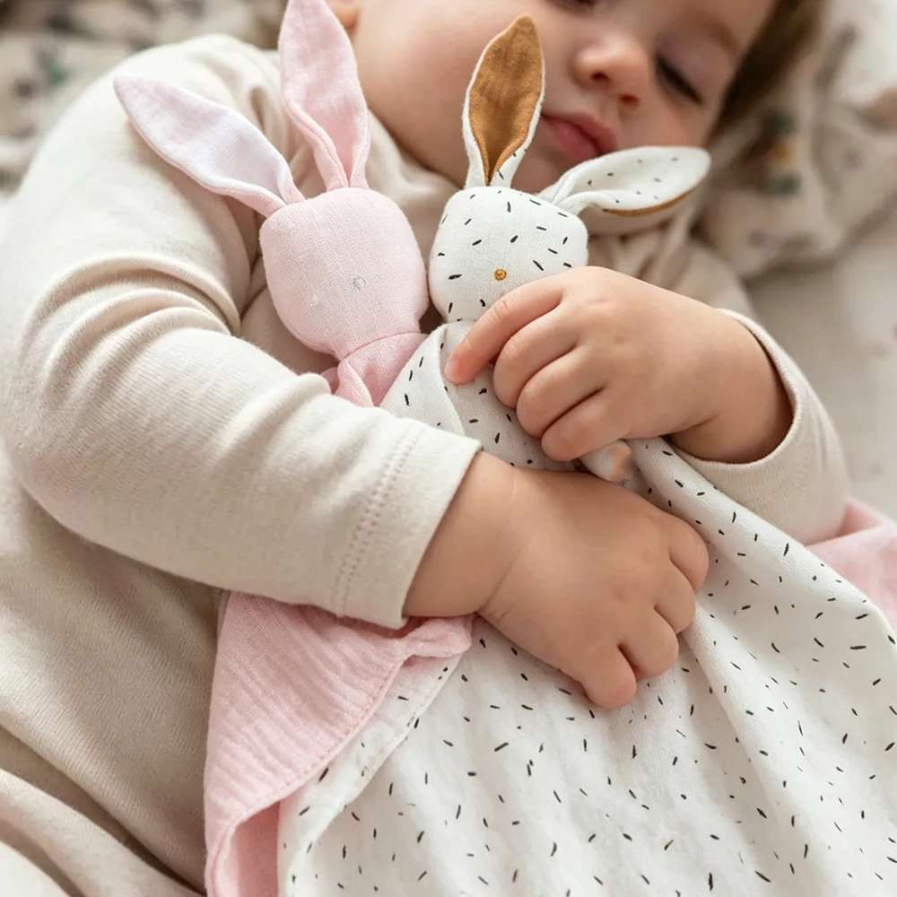 

Bunny Security Blanket For Baby Boy Girl Cute Soft Breathable Muslin Cotton Polka Dot Stuffed Blanket For Newborns
