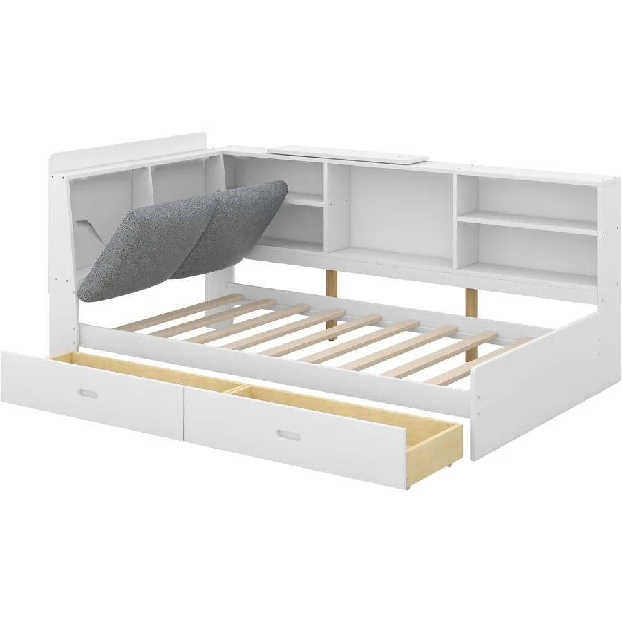 سرير خشبي مزدوج الحجم مع لوح رأسي للتخزين، سرير نهاري خشبي مع أرفف ودرجين مناسب لغرفة المعيشة وغرفة الدراسة W