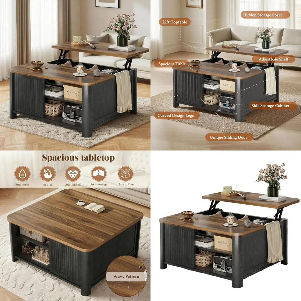 

Mid-Century Modern Lift-Top Coffee Table, 31.5 Square Storage, Adjustable Shelves, Sliding Door, Black