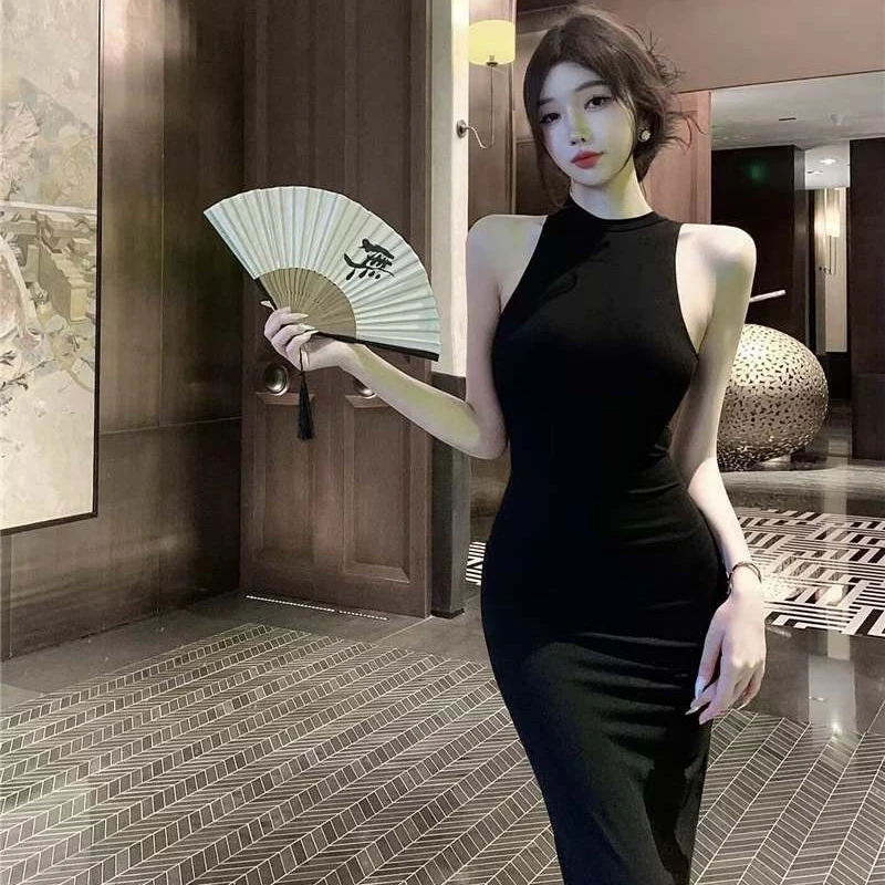 2025 Zomer Mouwloze Sexy Split Billen Jurk voor Vrouwen Koreaanse Mode Slim Fit en Afslanken Temperament Elegante Lange Jurk