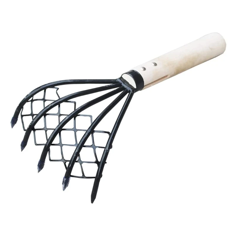 

Sturdy Compact Claw Rake with Mesh Net 5-Tine Clamming Claws Long Handled for Shell Clam Digger 15 Inch Hand Rake