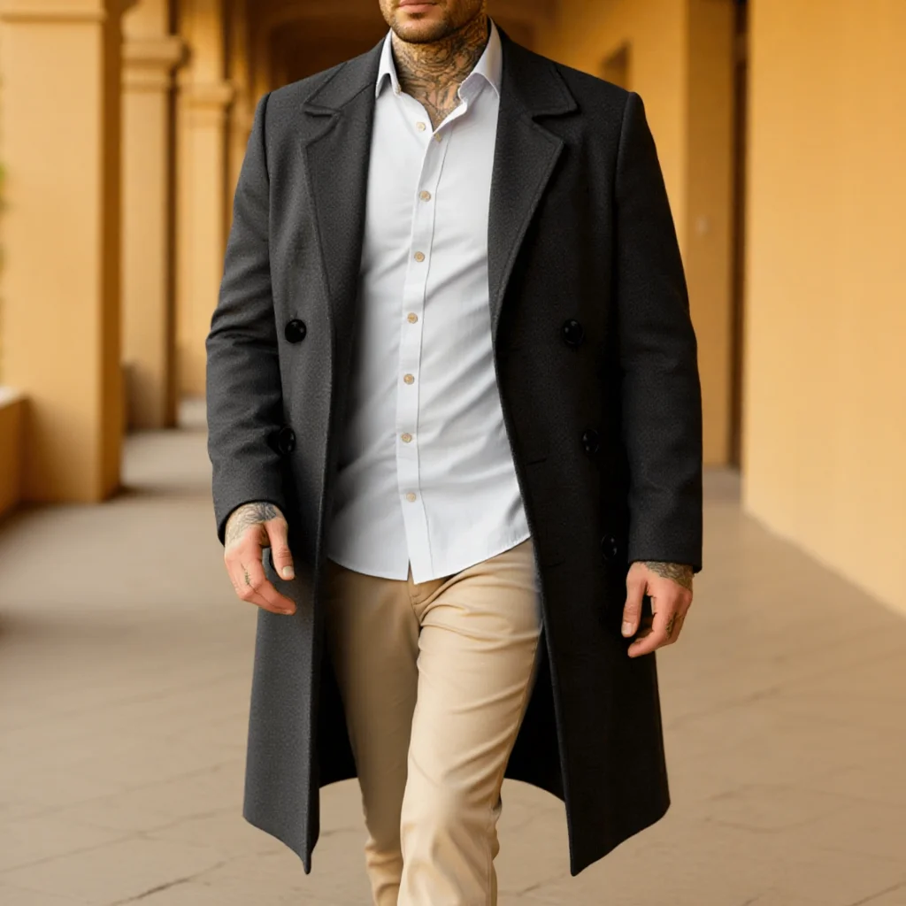 Men's Elegant Trench Coat: Double Breasted Wool Blend Long Coat, Warm Windproof Autumn Outerwear, Solid Color Outerwear