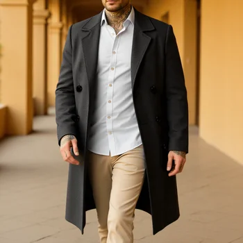 Men's Elegant Trench Coat: Double Breasted Wool Blend Long Coat, Warm Windproof Autumn Outerwear, Solid Color Outerwear