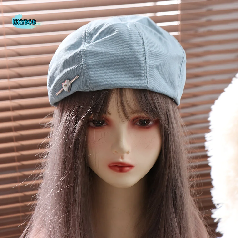 

Retro Solid color Love Heart Beret Korean Style Y2K Denim Octagonal Hat All-match Harajuku Cowboy Beret Cap Ladies