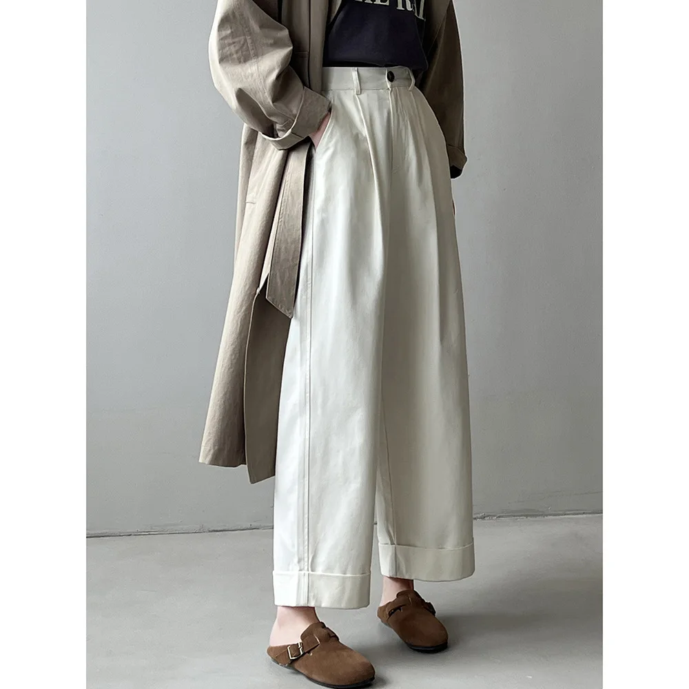 High waisted wide leg casual pants for women in spring new Tencel cotton loose straight leg rolled edge pants