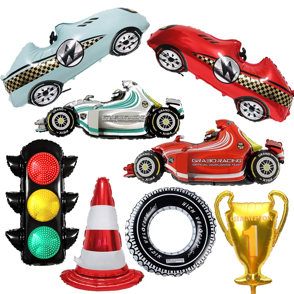 Large Cartoon Red Blue Racing Car Balloons Standing Safety Cone Boys Racing Car Theme Birthday Party Decor Kids Favor Gifts