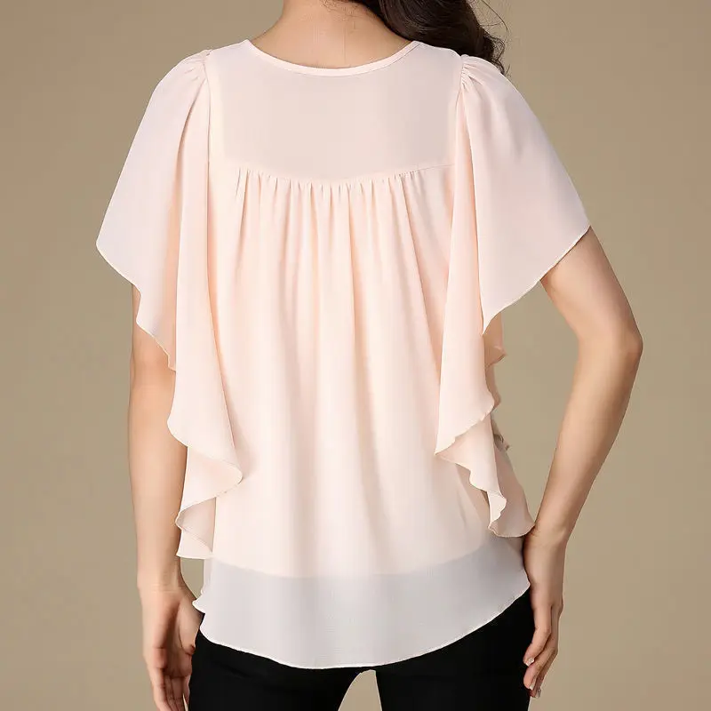 2024 Casual Loose Stylish Round Neck Blouse Female Clothing Commute Ruffles Patchwork All-match Folds Short Sleeve Chiffon Shirt