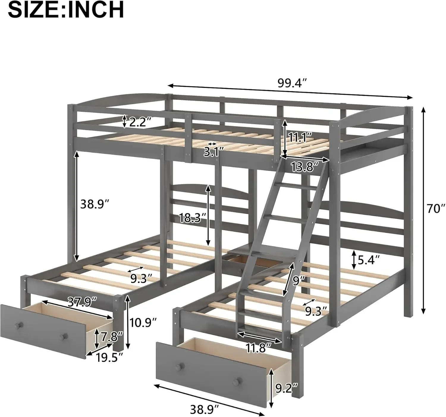 over Twin & Twin Bunk Bed,Triple Bunk Bed Frame for Boys Girls Kids Adults Toddler with Drawers, Gray