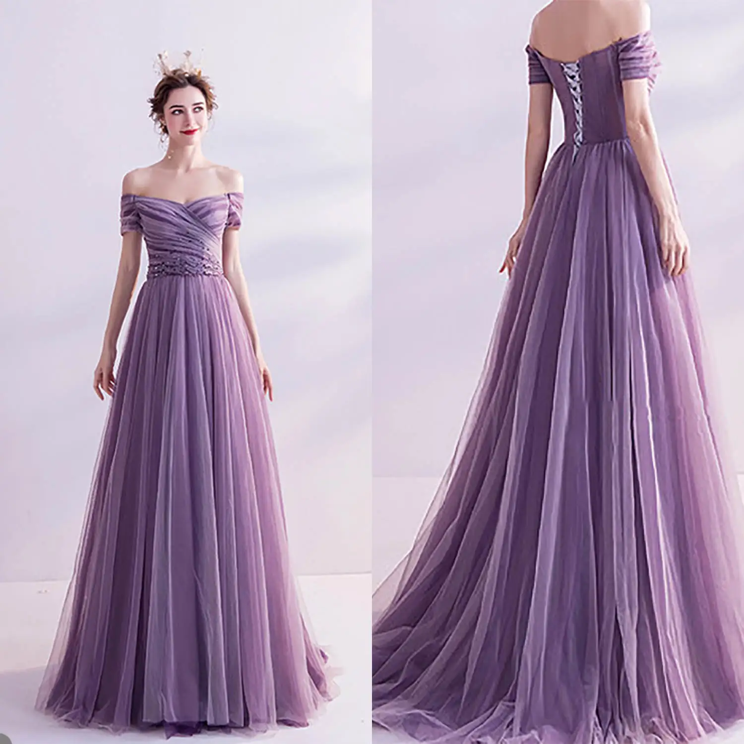 

Purple A-Line Gown Prom Dresses Sashes Pleat Organza Strapless Celebrity Party Evening Dresses Plus Size Custom Size Color
