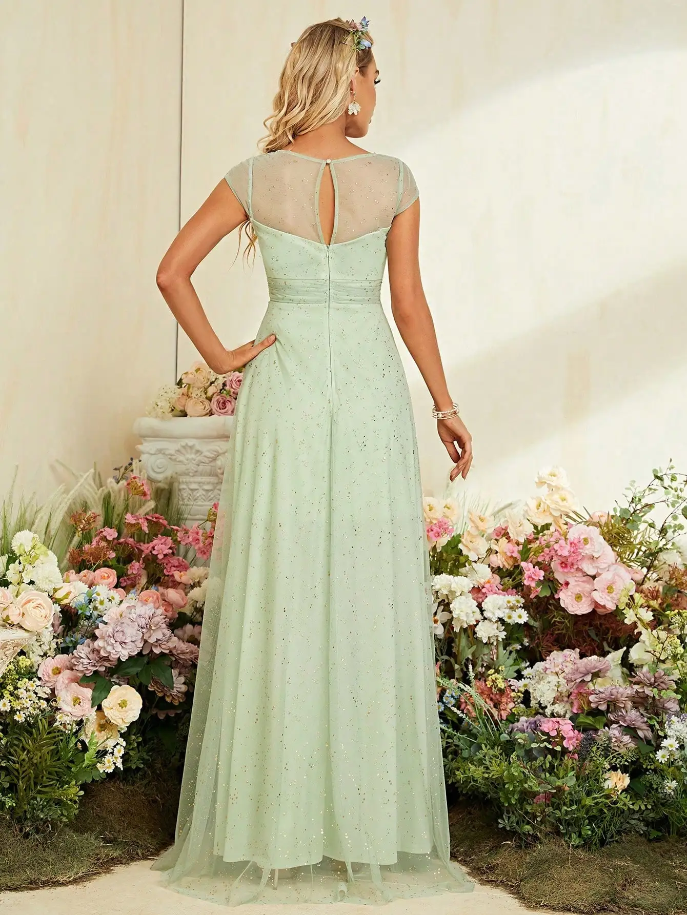 Mgiacy round neck short sleeve gold mesh full skirt Evening gown Ball dress Party dress