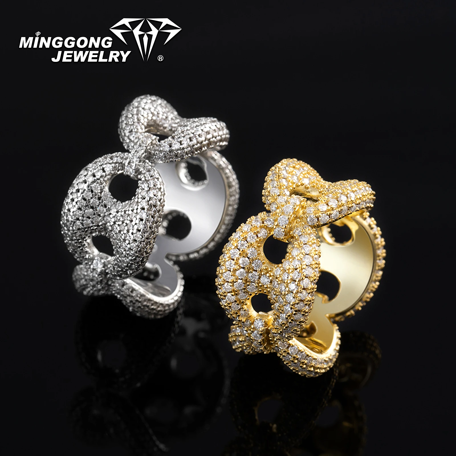 Aanpasbare 12 mm G-Link hiphopstijl Moissanite ringen nieuw ontwerp 925 zilver 10K/14K massief goud VVS voor mannen en vrouwen