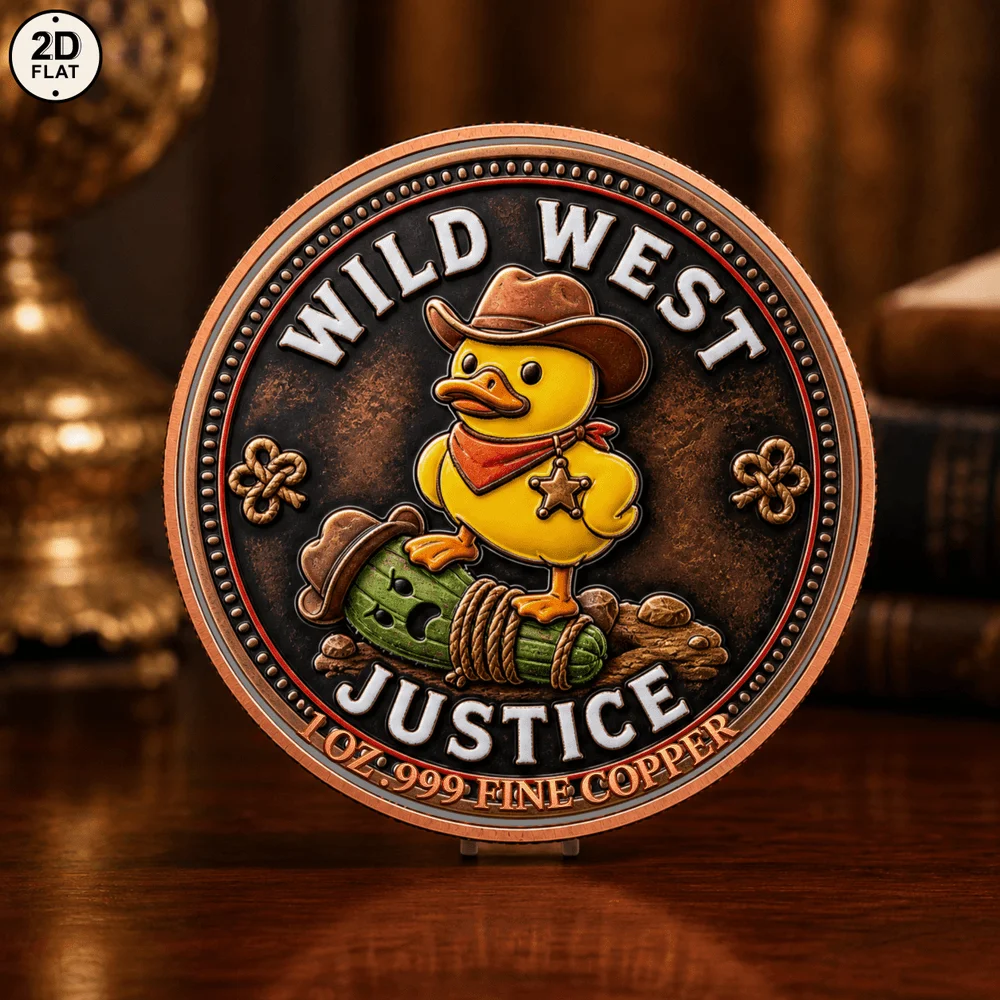 1pc 1oz Fine Copper Wild West Justice Rubber Duck Challenge Coin 2D Print Cowboy Sheriff Duck Collectible Medal Funny Art Gift