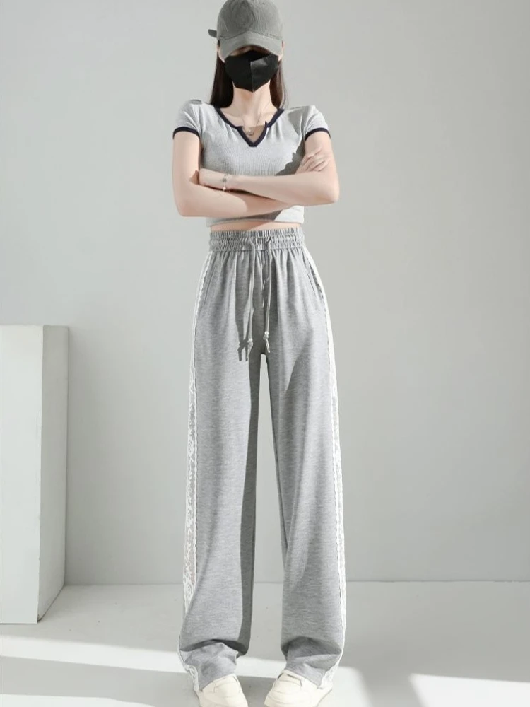 

Women's Breathable Sun Protection Wide-Leg Pants for Spring Summer with Lace Trim Patchwork Hollow Out Sporty Straight-Leg Style