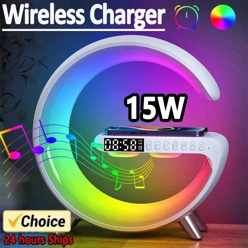 Multifunction Wireless Charger Stand Pad RGB Light Alarm Clock Speaker For iPhone Samsung Xiaomi Mini Fast Charging Dock Station