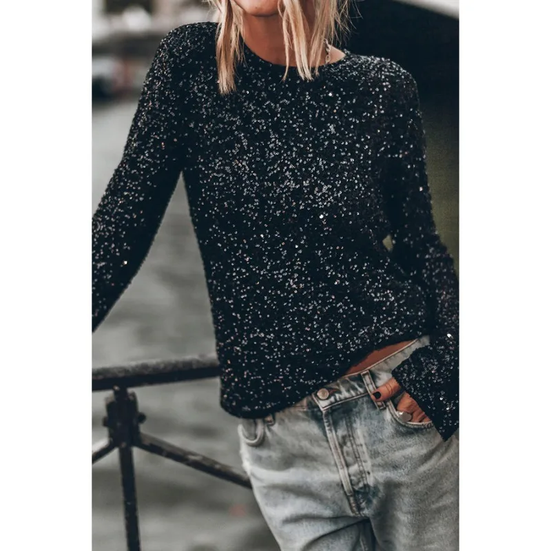 Casual Loose Slit Top Autumn and Winter New Sequined Long-sleeved Crewneck Shirt