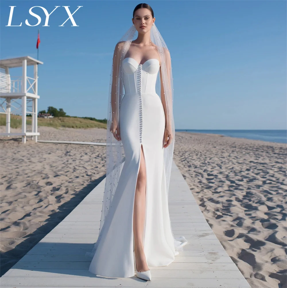 LSYX Perfect Sweetheart Strapless Crepe Button Customized Mermaid Wedding Dress Zipper Back High Slit Floor Length Bridal Gown