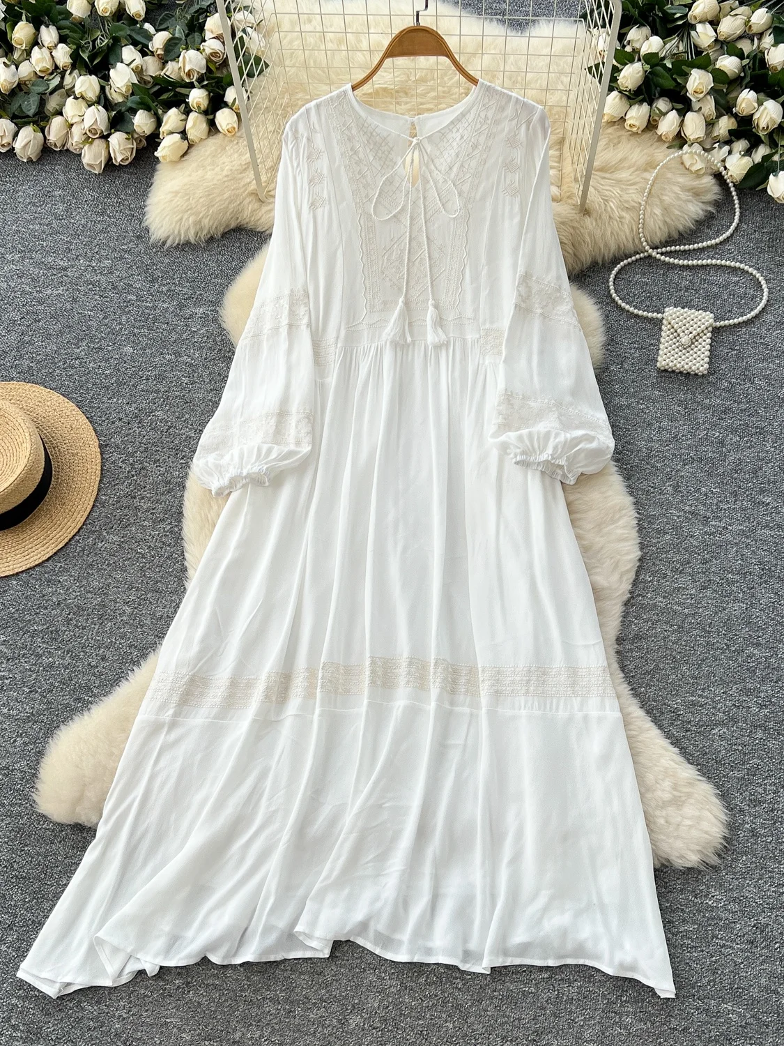 우아한 자수 루즈핏 랜턴 소매 라운드 넥 드레스 여성용 가을 롱 가운 프렌치 스타일 하이 웨이스트 A라인 스커트