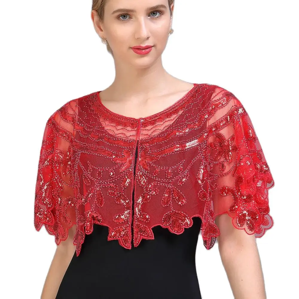 

Women's Vintage 1920s Embroidery Mesh Shawl Beaded Sequin Bolero Flapper Evening Cape Great Gatsby Party Cover Up for Dress