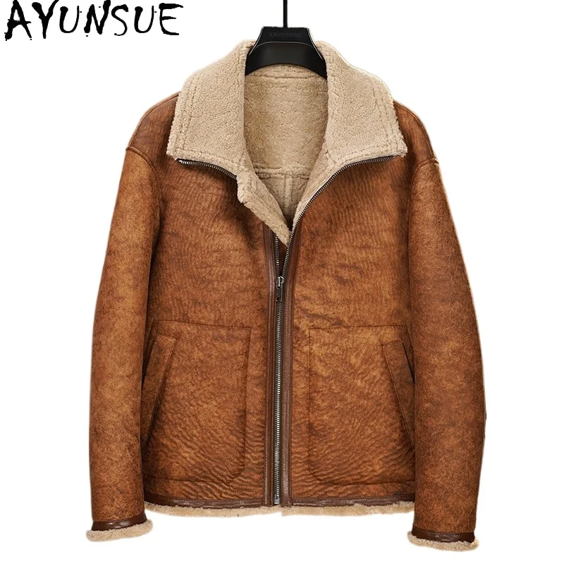 

AYUNSUE Natural Fur Coat Men Clothing Winter Lapel Real Sheepskin Genuine Leather Jackets Man Washed-yellow Fur Coats Chaquetas