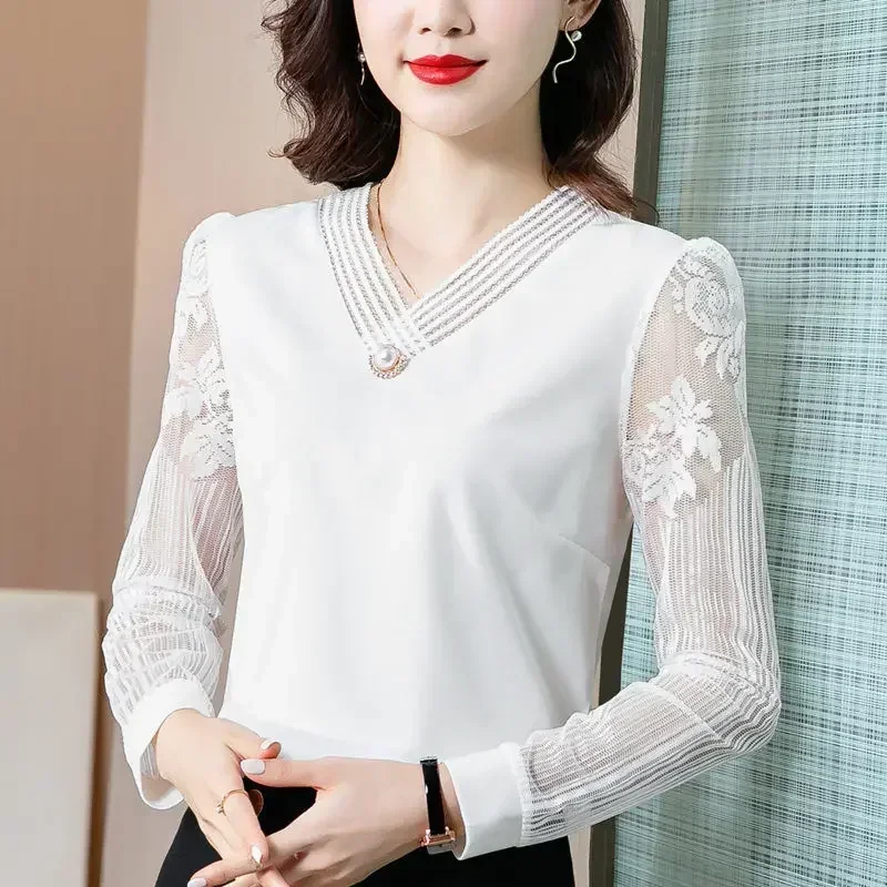 

Office Lady Grace V-neck Beaded Shirt Lace Hook Flower Splice Mesh Long Sleeve Spring Blouses Women Fashion Wild Top Oversized