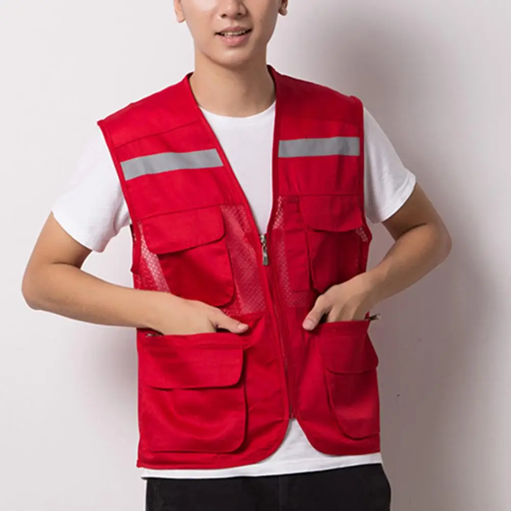 Chaleco reflectante de seguridad para adultos, chaqueta de malla con cremallera y cuello en V, para trabajo al aire libre, Verano