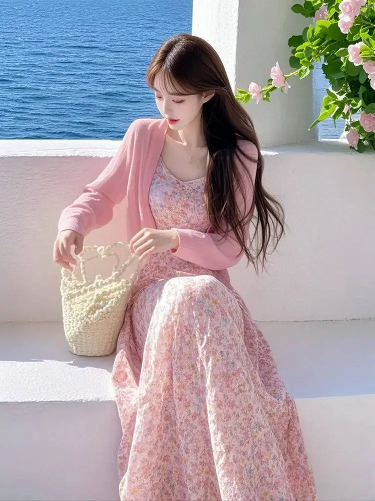 

Fashion Set Women's Spring and Summer New Gentle Style Cardigan Top+printed Dress Two-piece Set