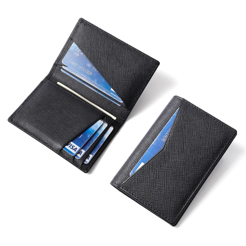 

100% Cowhide RFID Bifold Small Card Wallet for Men Contrast Color Slim Cross Pattern Genuine Leather Men's Credit Card Holder