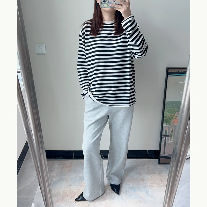 

Свободный длинный шерстяной вязаный свитер из пряжи Yangzi в полоску с круглым вырезом, повседневный, осенне-зимний, женский, модный, удобный для поездок на работу