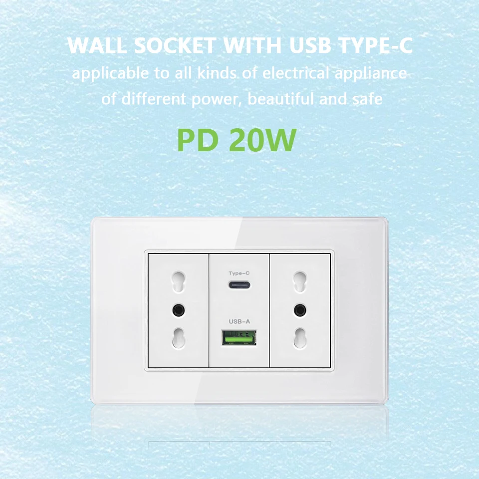 Itálie chilean nástrčkový s USB typ C 20W, nám brazílie thajské kolíček pro rychlý nabíjení zeď USB C energie vývod sklo lehký spínač panel