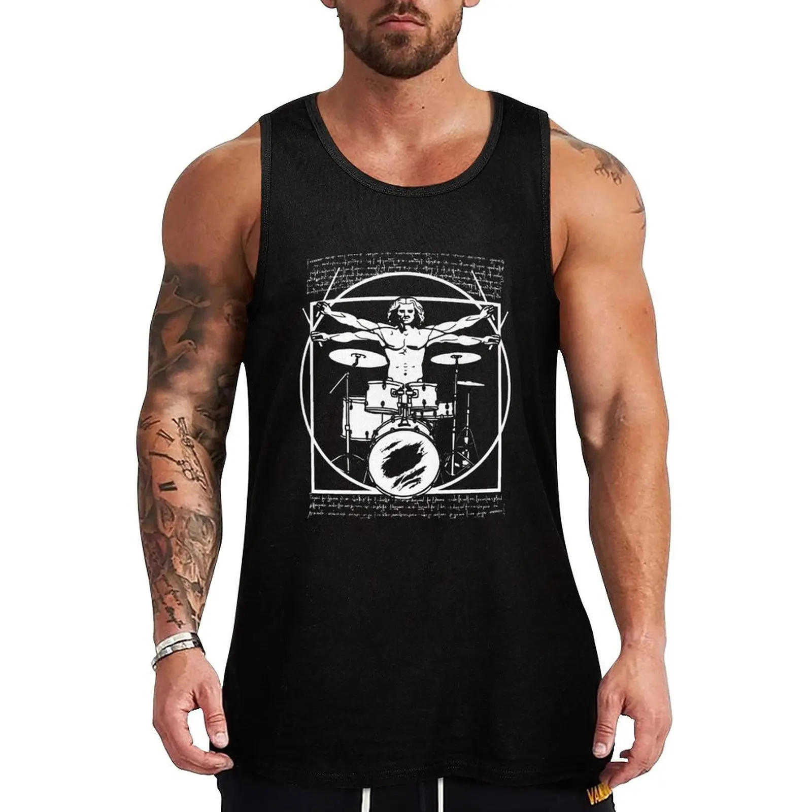 

DA VINCI DRUMMER - VITRUVIAN MAN PLAYING THE DRUMS - LEONARDO DA VINCI VITRUVIAN MAN PARODY FOR DRUMMERS Tank Top