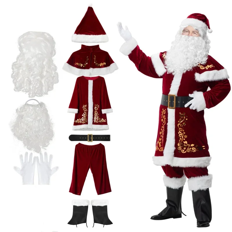 Disfraz de Papá Noel para hombre, traje de Navidad de terciopelo rojo de lujo, traje de Navidad de gran tamaño para adulto, disfraz de Cosplay para fiesta navideña